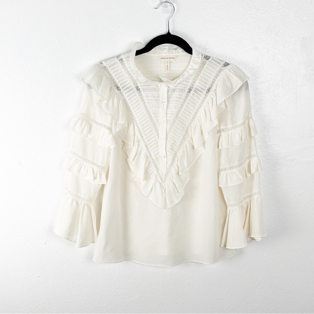 REBECCA TAYLOR 100% Silk Victorian  Ruffle Lace Trim Tiered Sleeves Blouse 2